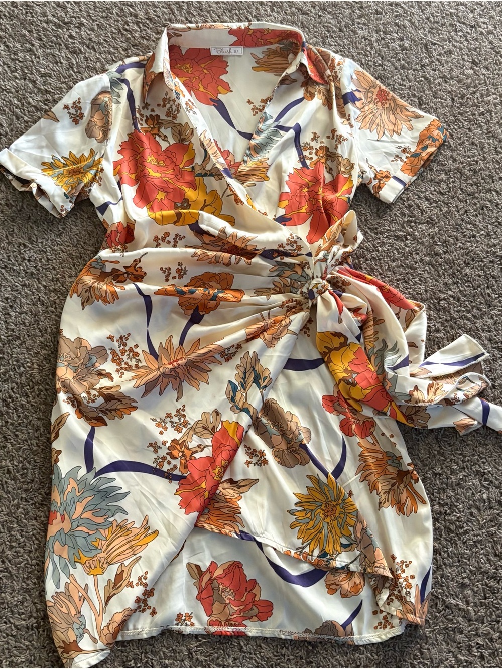 Blush Floral Wrap Dress in Ivory with Orange, Yellow & Purple Accents